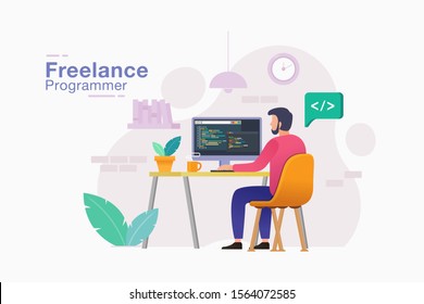 Freelancer programmer. Men freelancer in trendy style working his project remote job from home vector illustration