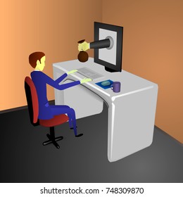 The freelancer receives a bag with money by hand through the monitor.