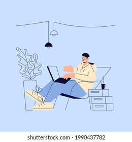 Freelancer or remote worker while working on a project in design studio. Male young employee with laptop on his lap sits in a chair. The concept of work for web design or ui. Flat Art Vector