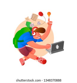 freelancer remotely working with a laptop, man and good idea, Vector image, illustration with grain effect,Cartoon character