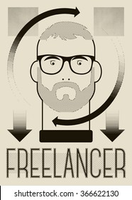 Freelancer retro typographic poster with a man. Concept vector illustration.