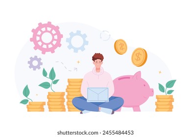 Freelancer saving earning. Man with laptop earn easy money online relax work, bank stocks increase profit freelance passive income concept coins stack investor vector illustration