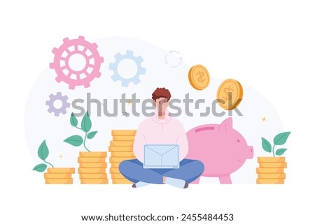 Freelancer saving earning. Man with laptop earn easy money online relax work, bank stocks increase profit freelance passive income concept coins stack investor vector illustration