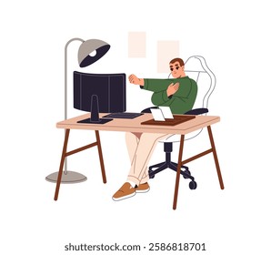 Freelancer with sedentary work does physical exercises at computer desk. Office worker stretches on chair. Employee does yoga workout at home workplace. Flat isolated vector illustration on white