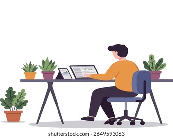 A freelancer is seen sitting comfortably yet focused, monitoring a gadget in their hands. Working independently, they manage projects and tasks from various clients through digital platforms. Though n