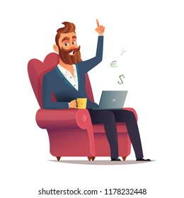 Freelancer site in a chair and earn money. Freelance concept vector illustration in cartoon style. Home office workplace. Hipster bearded freelancer working remotely from his laptop