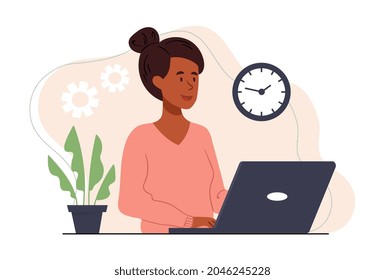 Autónomo sentado detrás de una laptop. Muchacha linda trabajando desde casa, horario libre. Trabajo distante en línea, concepto de tecnologías de internet. Dibujo vectorial plano de dibujos animados aislado en fondo blanco