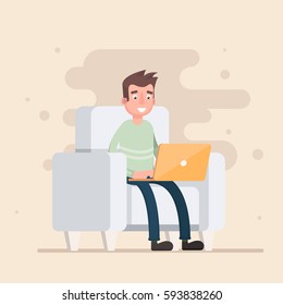 Freelancer is sitting in the chair and working. Vector illustration in a flat style.