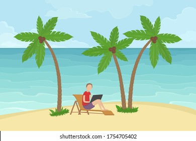 Freelancer sitting in deck chair under coconut palms and working on laptop. Vector illustration.