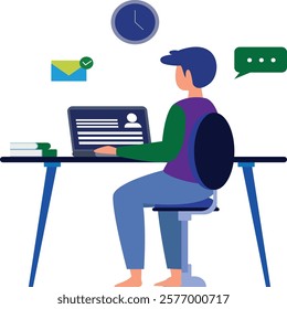 A Freelancer sitting at desk working on computer in home. Remote Work at home. Computer on table. Vector illustration