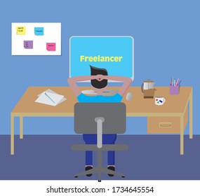 Freelancer sitting in front of a computer thinking and relaxing. I work from home. Covid-19. Concept of independent work.