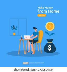 freelancer sitting at home. employer office workplace desk working with laptop. make money from home concept. Flat cartoon vector illustration with people character