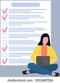 Freelancer sitting with laptop and working with to do list. Time management, schedule planning concept. Woman with checklist, task planner program on computer. Lady plans work schedule for month