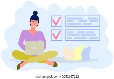 Freelancer sitting with laptop and working with to do list. Time management, schedule planning concept. Woman with checklist, task planner program on computer. Lady plans work schedule for month