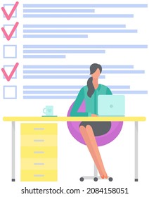 Freelancer sitting with laptop and working with to do list. Time management, schedule planning concept. Woman with checklist, task planner program on computer. Lady plans work schedule for month