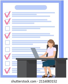 Freelancer sitting with laptop and working with to do list. Time management, schedule planning concept. Woman with checklist, task planner program on computer. Lady plans work schedule for month