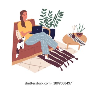 Freelancer sitting with laptop working at home during quarantine. Modern young woman sitting on sofa and studying online. Everyday routine. Flat vector illustration isolated on white background