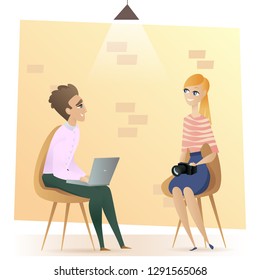 Freelancer Sitting in Modern Coworking Open Space. Smiling Man on Chair Working with Laptop. Female Freelance Worker with Camera in Shared Workplace. Flat Cartoon Vector Illustration