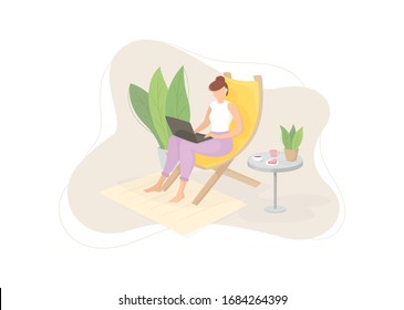 A freelancer is sitting with notebook in a sun lounger. Beautiful abstract girl. Remote work in the fresh air concept. Convenient workplace. Character design. Colorful vector illustration. 