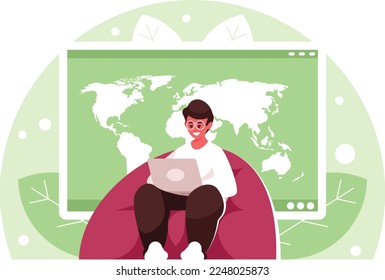 Freelancer sitting on the couch on the background of world map on computer display. Freelancer with laptop sitting on bag chair working on a laptop. Online education or social media concept. Vector gr