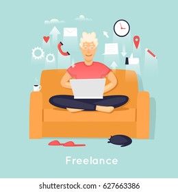 Freelancer is sitting on the couch. Flat vector illustration in cartoon style.
