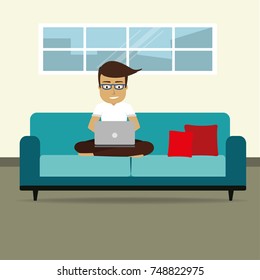 Freelancer is sitting on the couch and working. Vector illustration in a flat style.