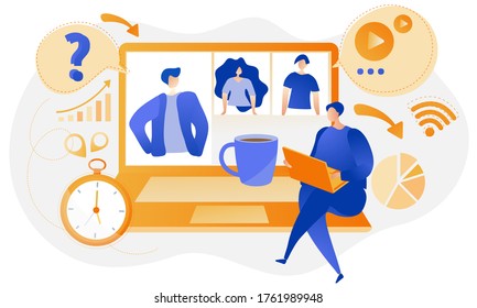 Freelancer sitting on a large laptop. Online video meeting with coworkers. Abstract home work flat design concept.