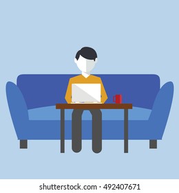 freelancer sitting on sofa and working on laptop.