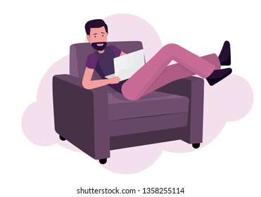 Freelancer sitting on the sofa and works with laptop.Vector design.
