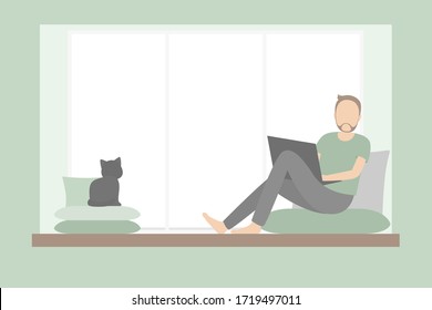 Freelancer sitting on windowsill and working on laptop. Vector illustration.