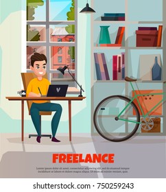 Freelancer sitting at table during computer work on window background in home interior with bicycle vector illustration