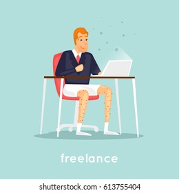 Freelancer is sitting at the table. Flat vector illustration in cartoon style.