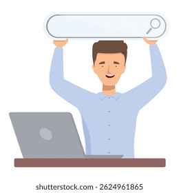 Freelancer is smiling while holding a giant search bar above his head, sitting at his desk
