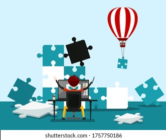 Freelancer Solving Puzzle with Jigsaw Pieces. Happy Man Holding Pencil Sitting on Office Chail with Computer on Table Vector Business Concept. Programmer or Graphic Designer Cartoon.