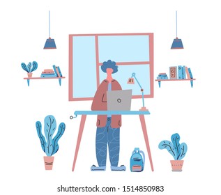 Freelancer standing at the desk with laptop at his room. Handsome boy in cozy wear working at laptop. Home office concept. Vector flat cartoon color illustration.