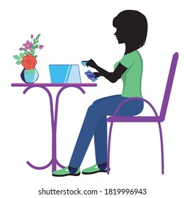 Freelancer, student or business woman sitting on a chair and working on laptop in cafe or from home.