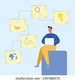 Ilustración de vectores de caricaturas para estudiantes independientes. Educación en línea, Universidad. Carácter masculino usando laptop. Aprendizaje a Distancia. Bombilla, amplificador. Preparación del examen. Planeta Tierra, frasco de ciencia