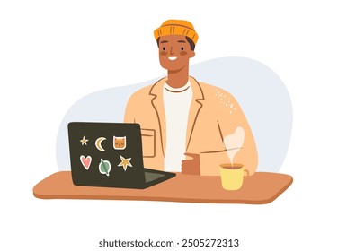 Freelancer or student character isolated on white. Young diverse man working on laptop smiling concept. 