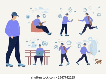Freelancer or Student Daily Routine Trendy Flat Vector Concepts Set. Young Man Character Working on Laptop, Eating in Cafe, Walk with Pet, Using Cellphone, Hurrying in Business Isolated Illustrations