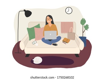 A freelancer or student is sitting on the couch and working.  Home Office.  Vector hand drawn illustration.