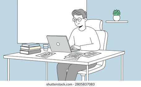 Freelancer or student wearing glasses and working on a laptop at a neat desk stacked with books and documents.