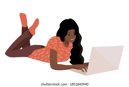 Freelancer or student woman. African American girl works lying down behind a laptop. Flat isolated vector illustration.