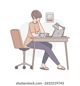 Freelancer or student working at a home desk with a laptop, cup of coffee, and table lamp. Cozy remote work scene in pastel flat cartoon style. Vector illustration.