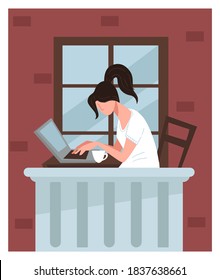 Freelancer or student working on computer outdoors in balcony. Female character with laptop outside. Worker with cup of coffee or tea, woman dealing with business project. Vector in flat style
