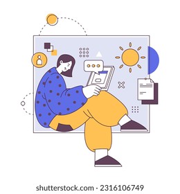 Freelancer or student working on laptop, worker on quarantine, online job on computer. Vector illustration of professional remote distant worker, programmer, relaxed person on workplace