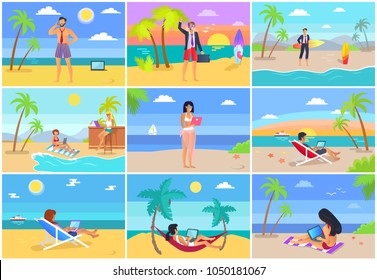 Freelancer summer posters set with man and woman working on laptops in internet, resting on beach at coastline, freelance job concept, women in hammock