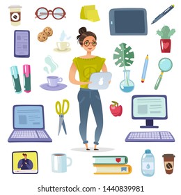 freelancer surrounded by objects from his work environment in flat cartoon style on white background