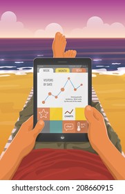 Freelancer with a tablet pc working while lying on a sandy beach in the sunset. EPS10 vector cartoon illustration. First person view.