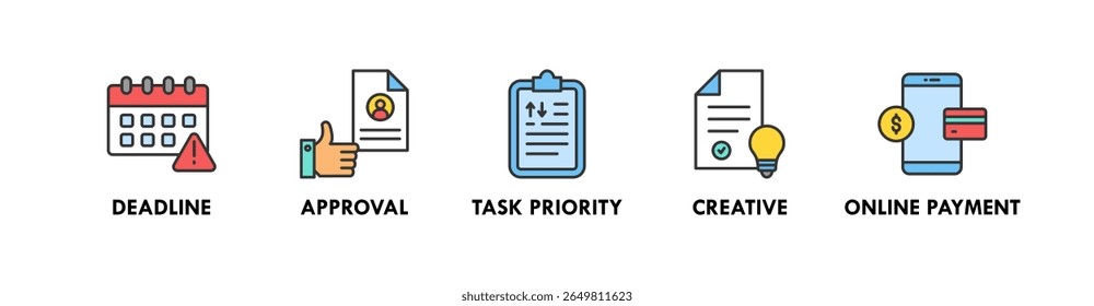 Freelancer Toolkit banner web ícone vetor ilustração conceito com um ícone de prazo, aprovação, prioridade de tarefa, criativo, e pagamento online