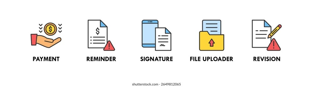 Freelancer Toolkit banner web ícone vetor ilustração conceito com um ícone de pagamento, lembrete, assinatura, upload de arquivo, e revisão